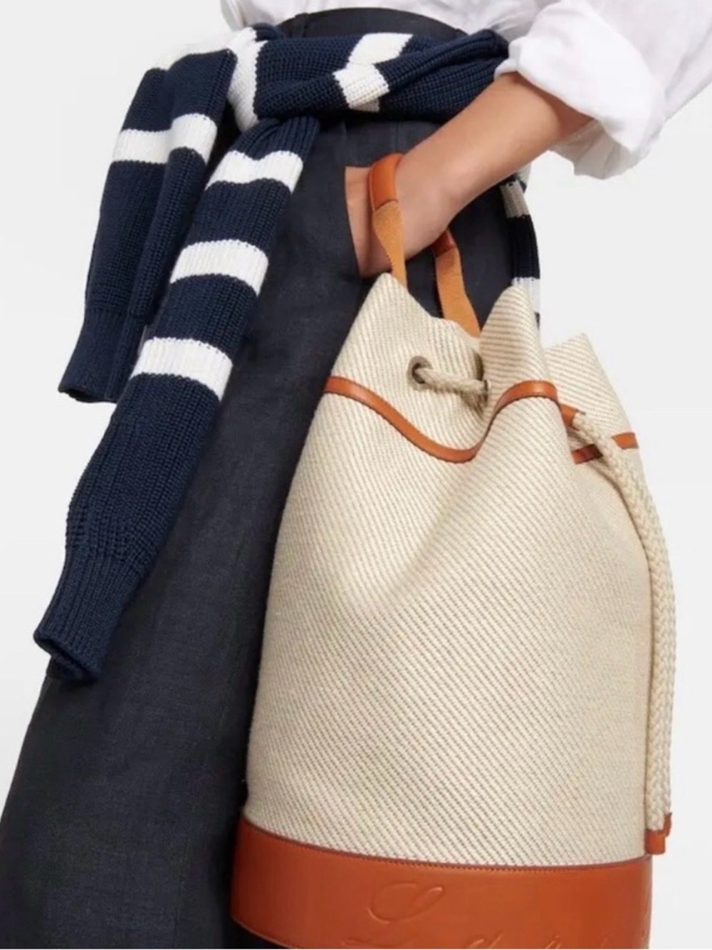 Loro Piana Cream Canvas Bucket Tote with Tan Leather Trim